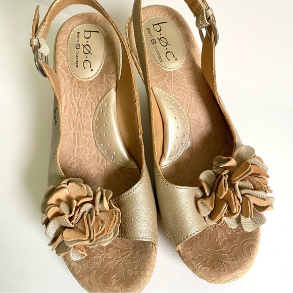 Born BOC Metallic Floral Leather Slingback Woven Wedge Sandals Peep Toe Size 9 - Picture 6 of 9